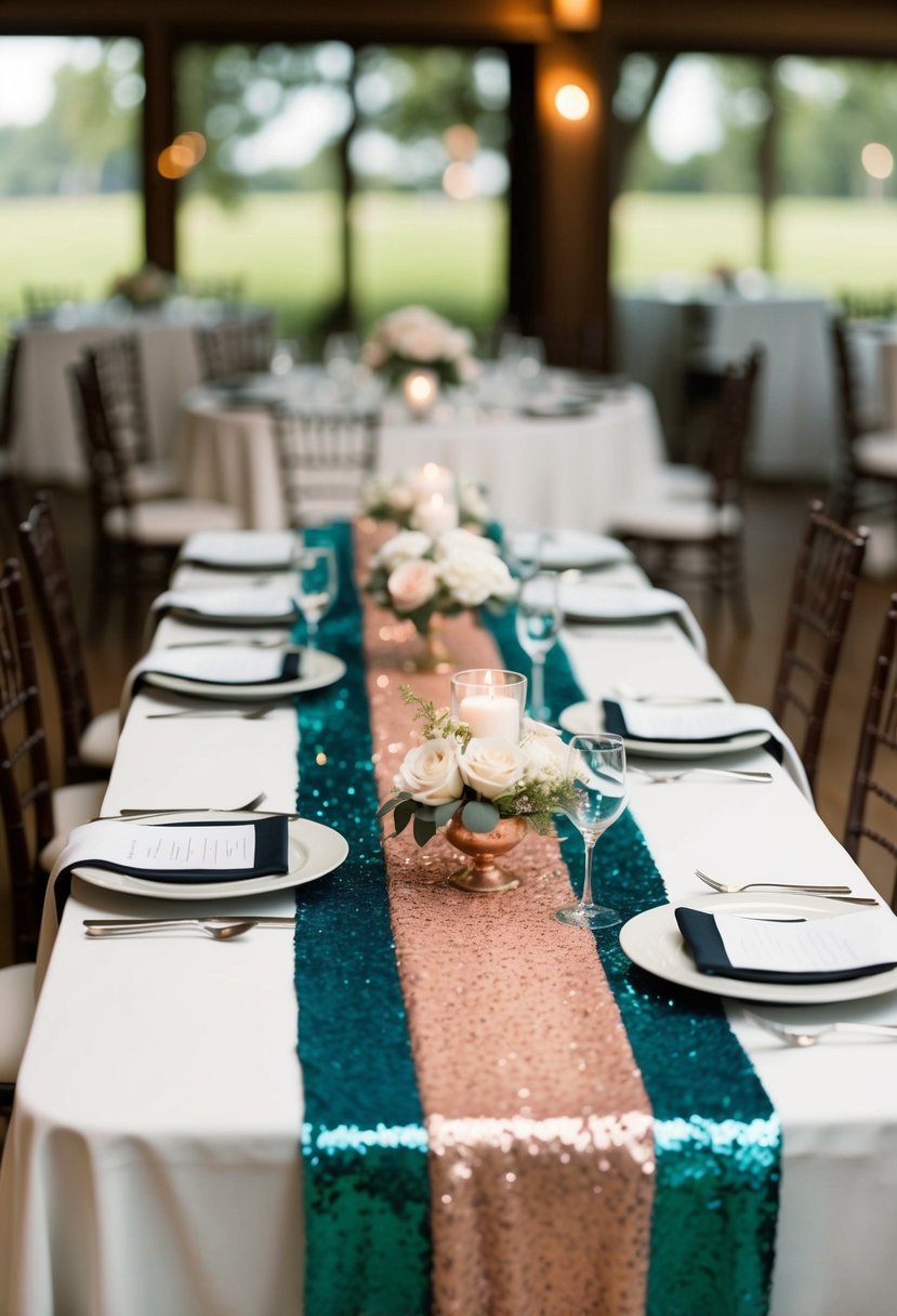 Teal and rose gold sequin table runners on a wedding reception table