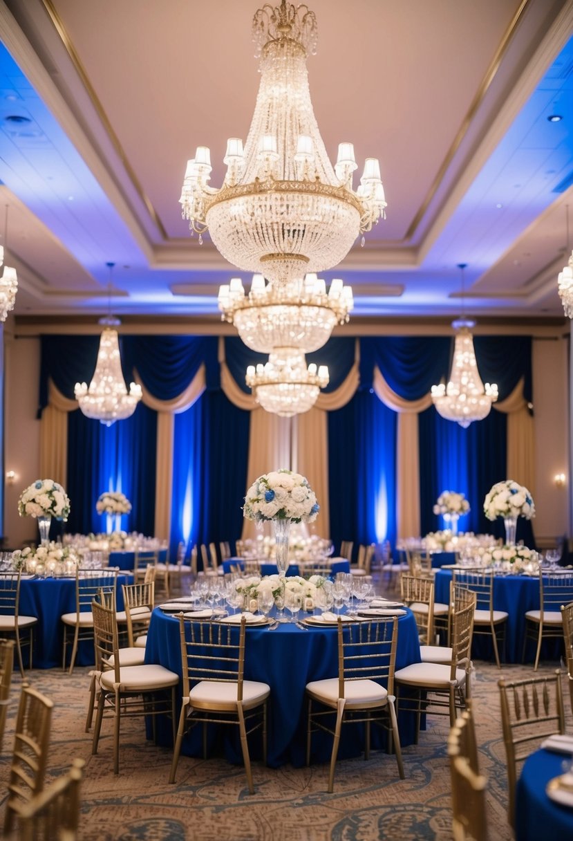 A grand ballroom adorned in royal blue and champagne decor, with elegant floral arrangements and sparkling chandeliers