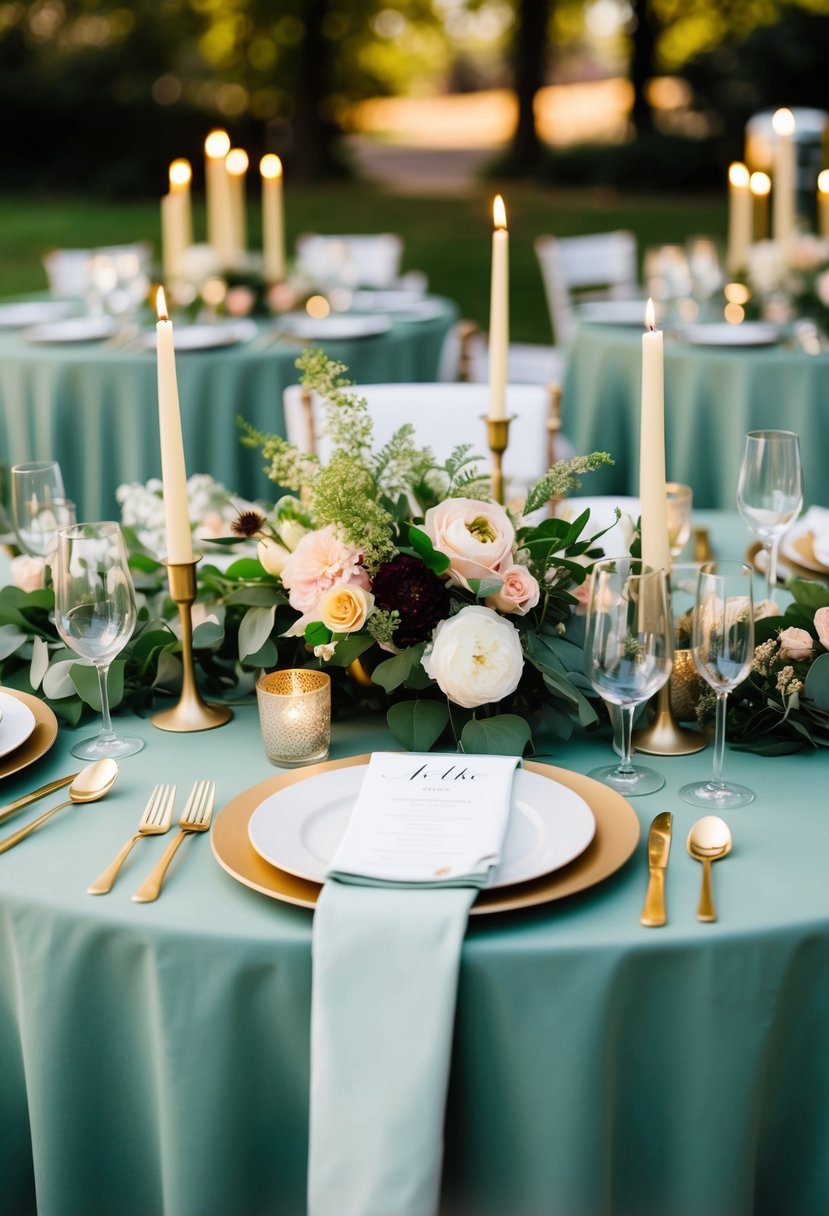 Sage green tablecloth with gold cutlery, candles, and floral centerpieces