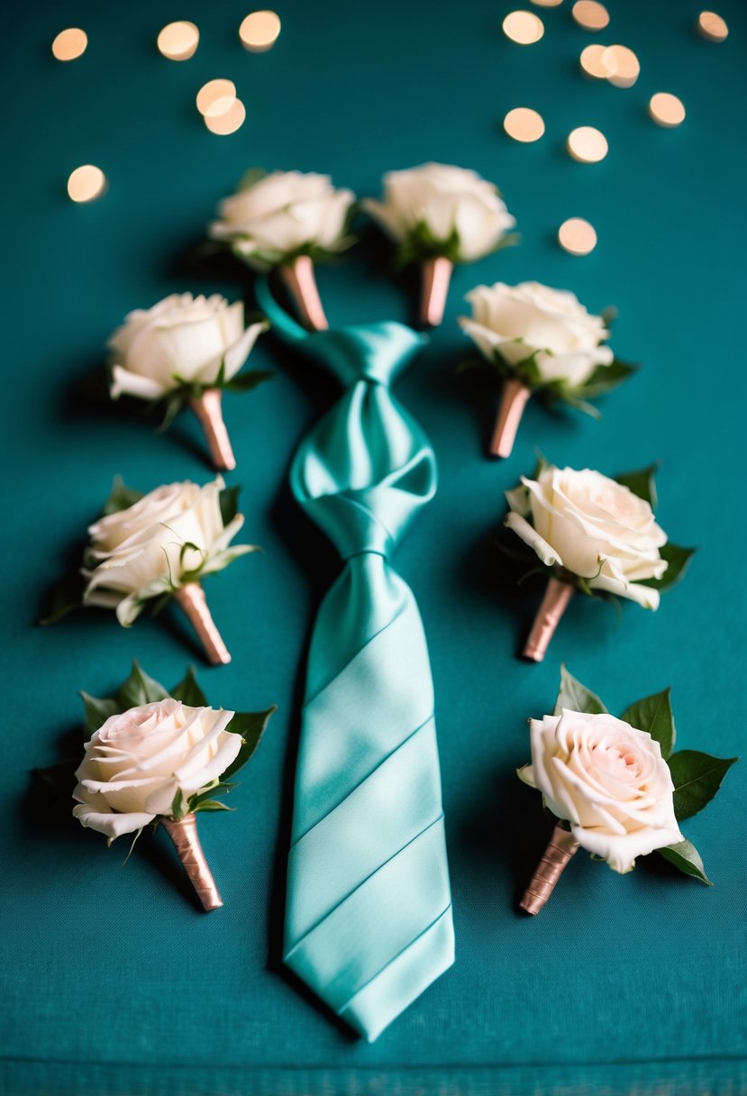 Teal ties and rose gold boutonnieres arranged on a teal background