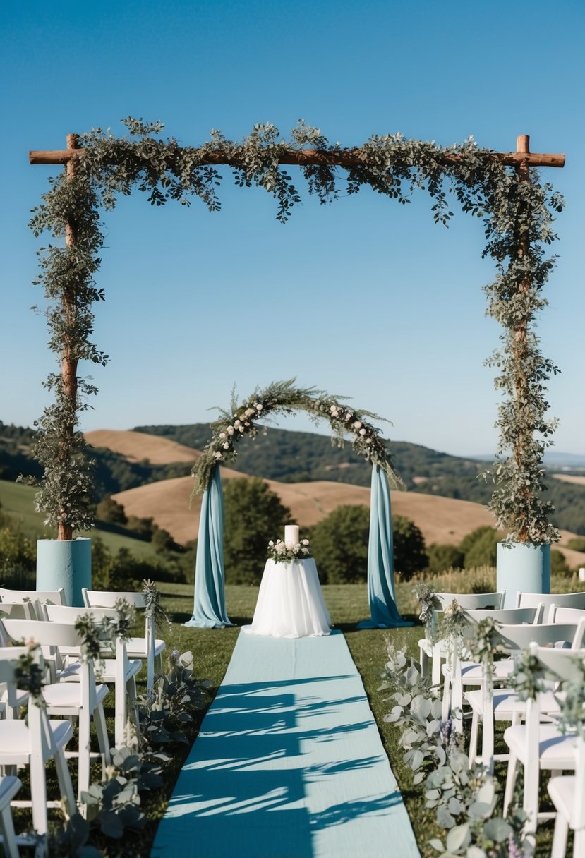 A serene outdoor wedding ceremony with sage green foliage and dusty blue accents, set against a backdrop of rolling hills and a clear blue sky