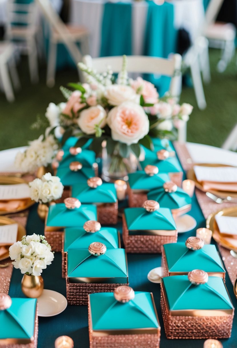 Teal and rose gold wedding favor boxes arranged on a table with matching decor and floral accents