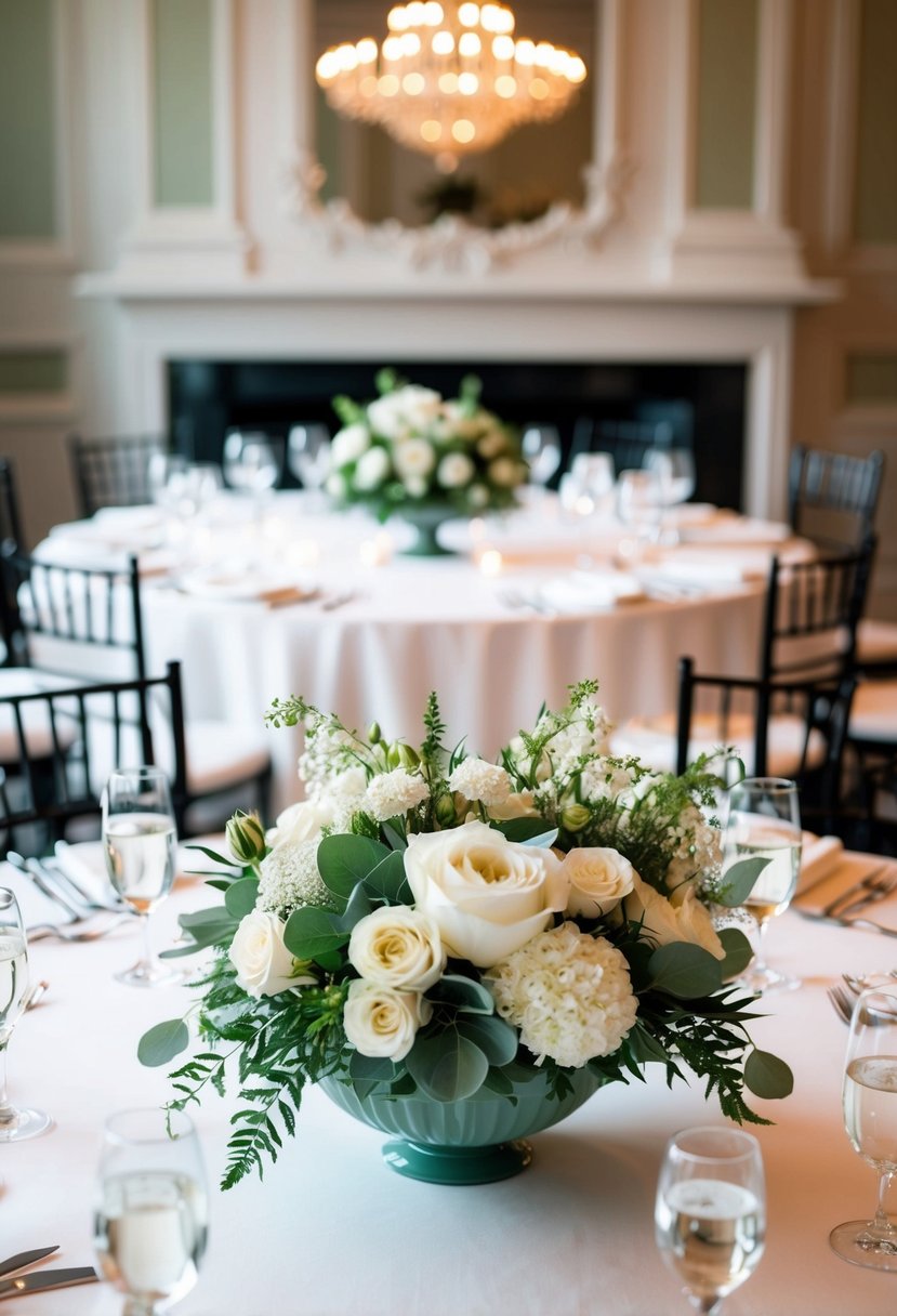 Sage green and white floral centerpieces on elegant wedding tables