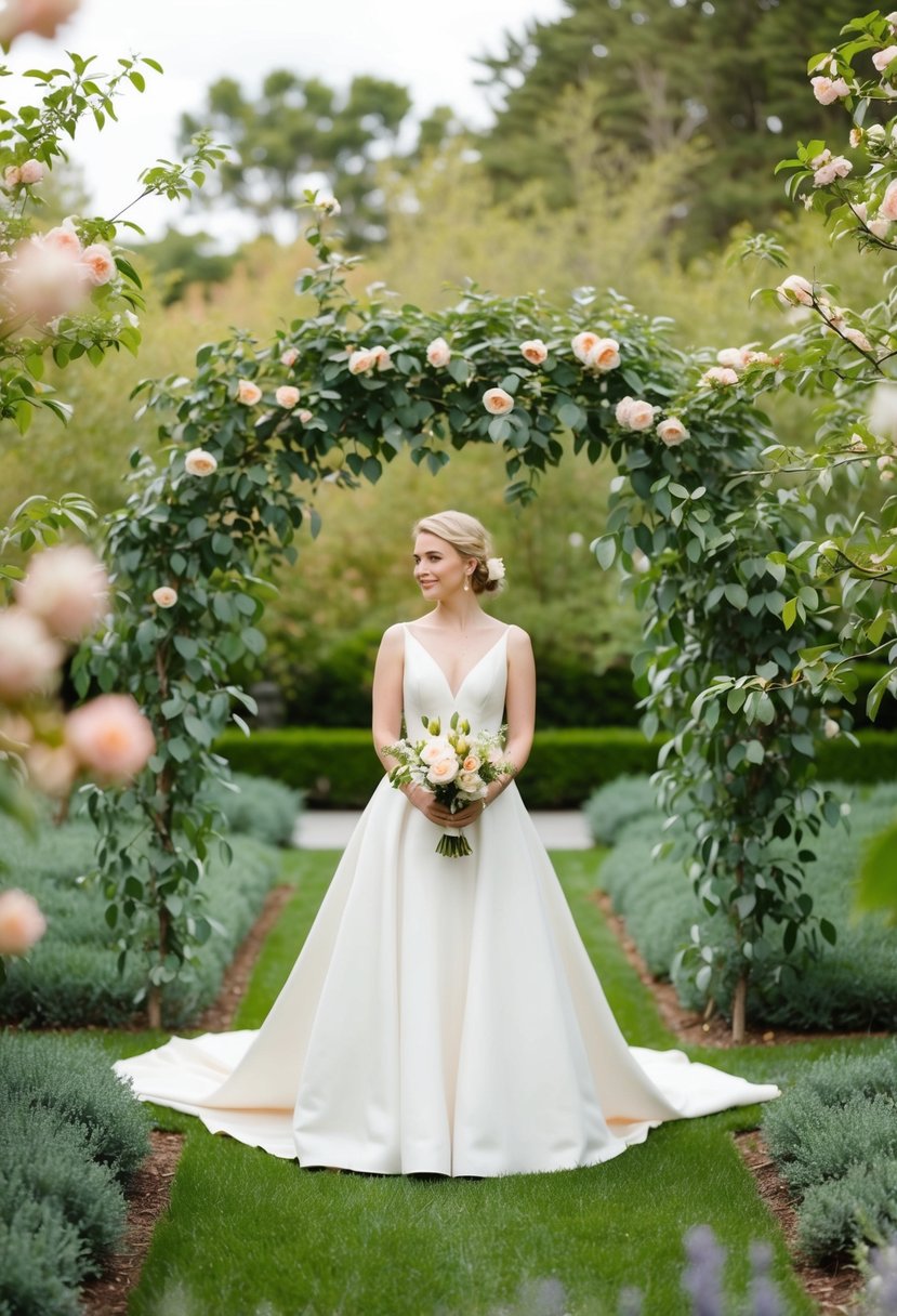 A serene garden wedding with sage green foliage and peach blossoms