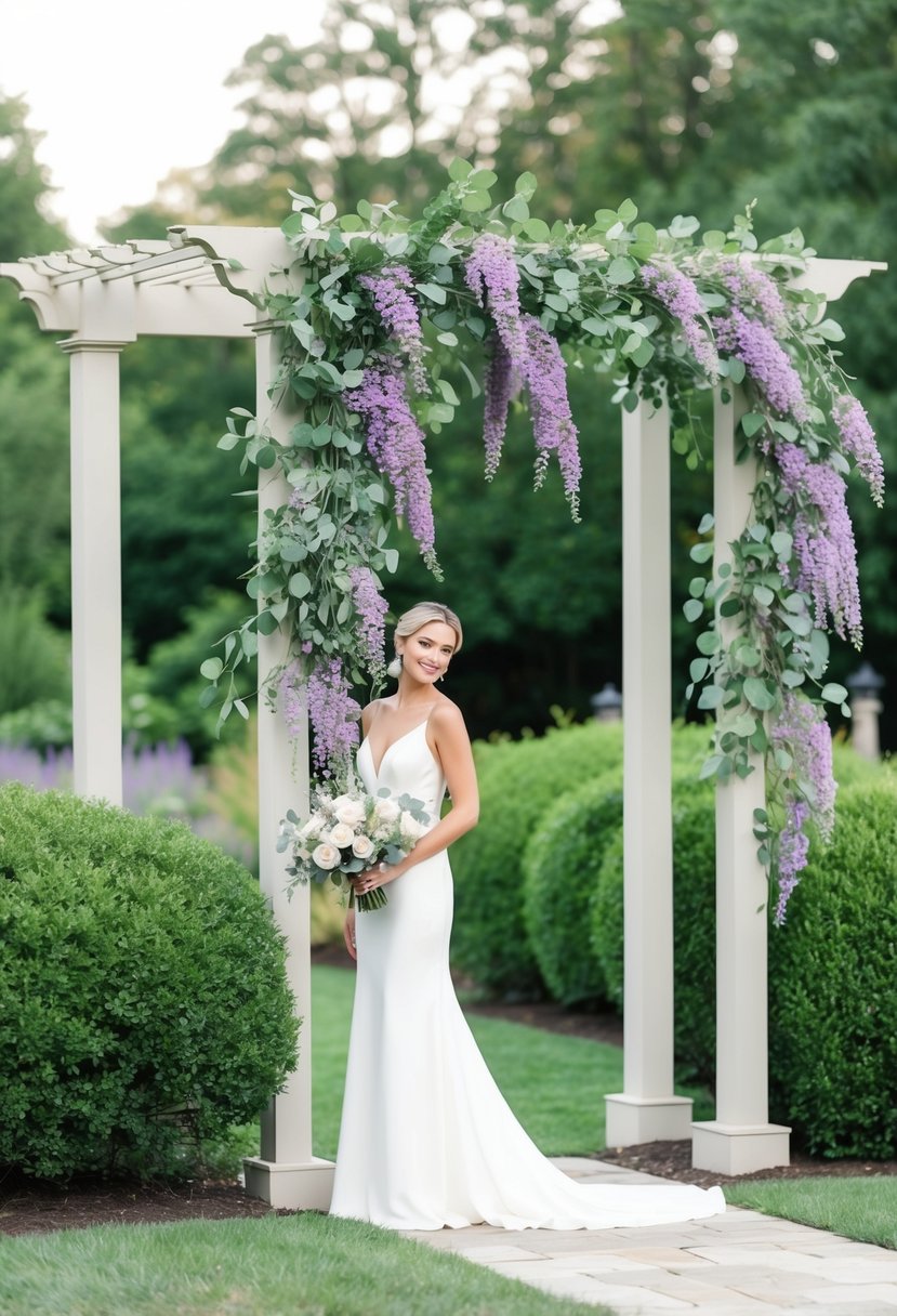 A serene garden wedding with sage green foliage and lavender blooms cascading down an arbor