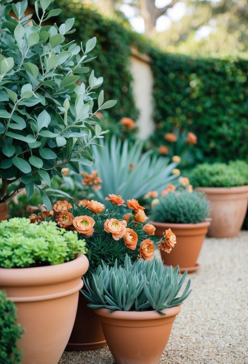 A serene garden with sage green foliage and terracotta pots, accented by terracotta-colored flowers and decor