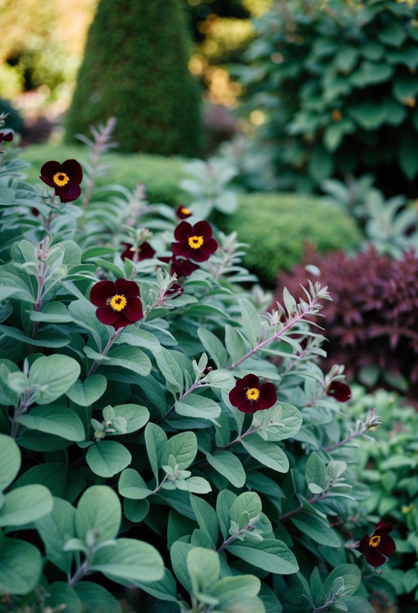 A lush garden with sage green foliage and deep burgundy flowers