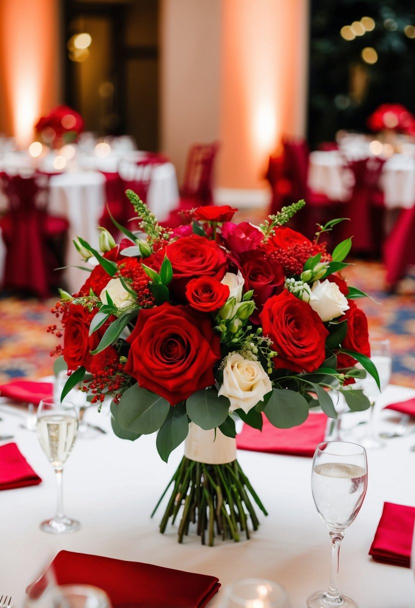 A vibrant red wedding bouquet with matching table linens and floral centerpieces