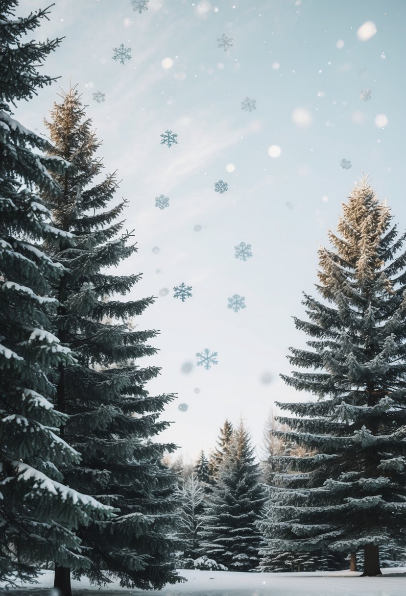 A serene winter scene with sage green evergreen trees and silver snowflakes falling against a pale blue sky