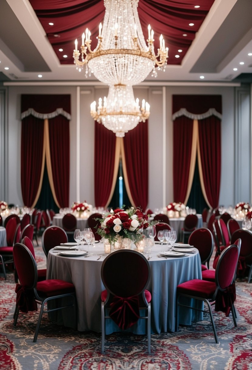 A grand ballroom adorned with crimson red and grey decor, featuring elegant floral arrangements and luxurious velvet drapes