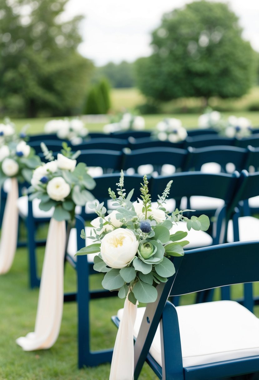 A serene outdoor wedding ceremony with sage green floral arrangements and navy blue accents on the chairs and decor