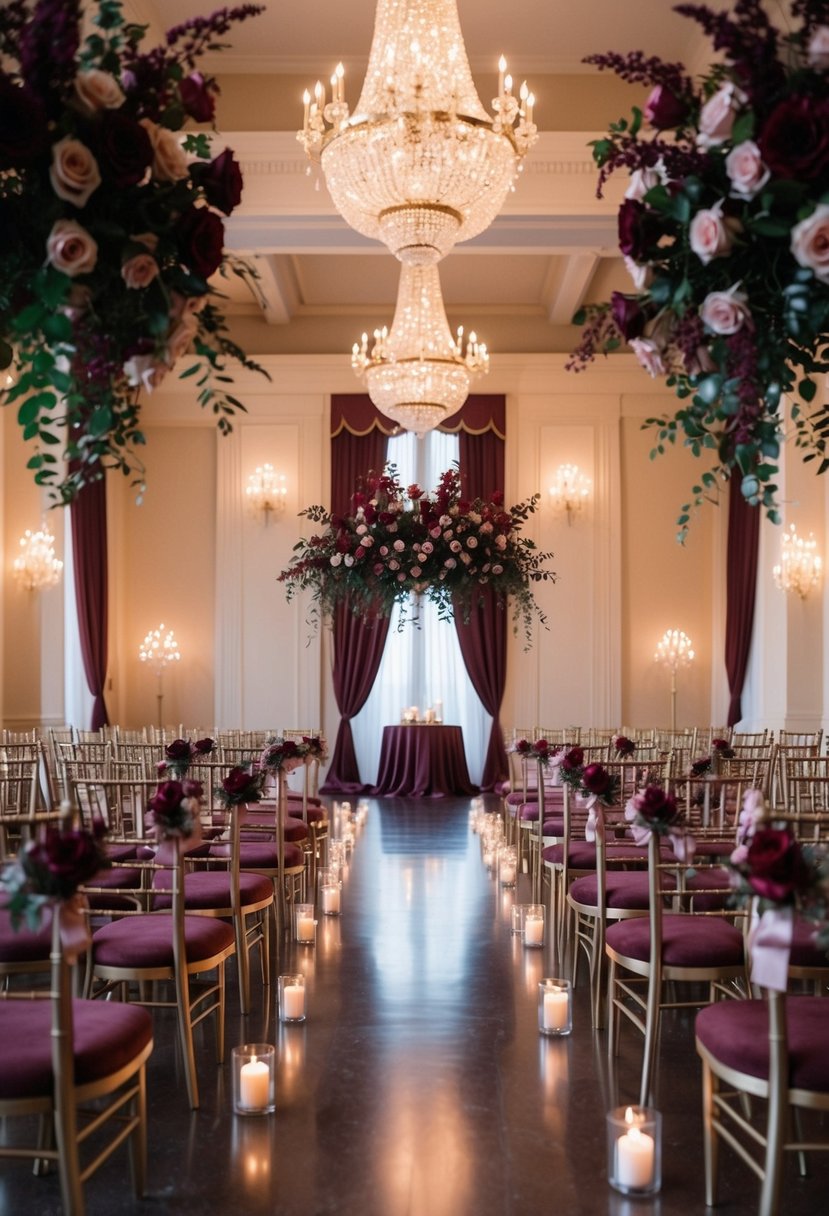 A grand ballroom adorned with burgundy and dusty rose flowers, elegant drapery, and shimmering candlelight