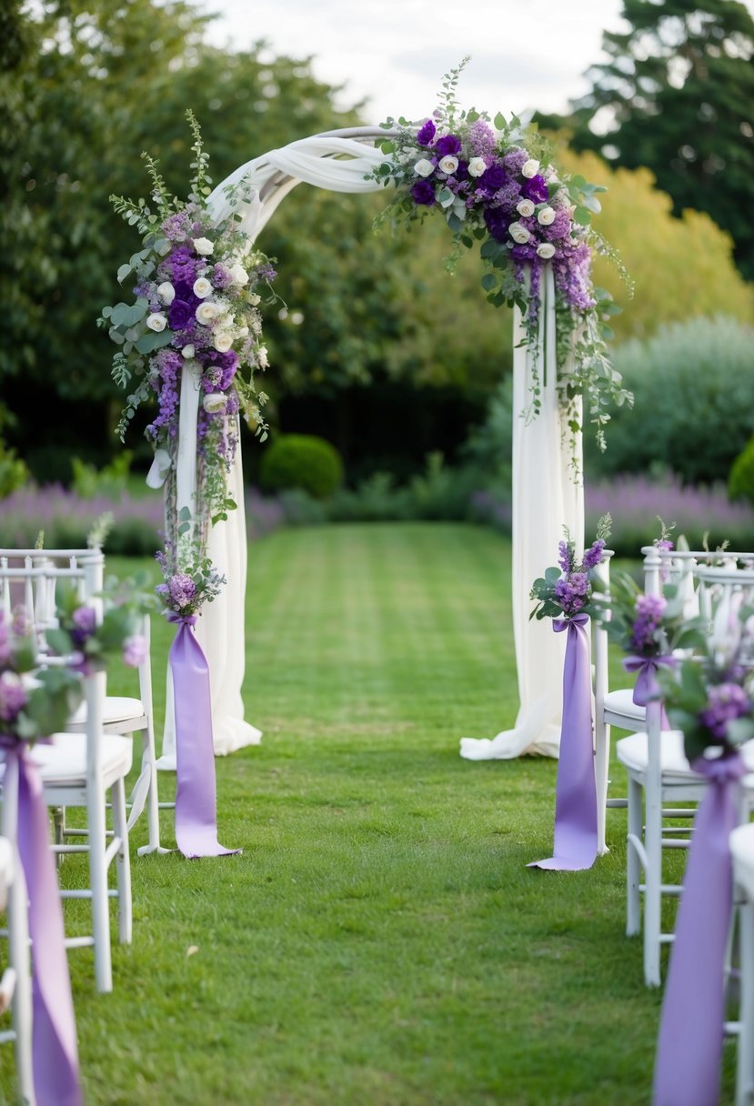 A serene garden with violet and sage green flowers, ribbons, and decor adorning a wedding arch and tables