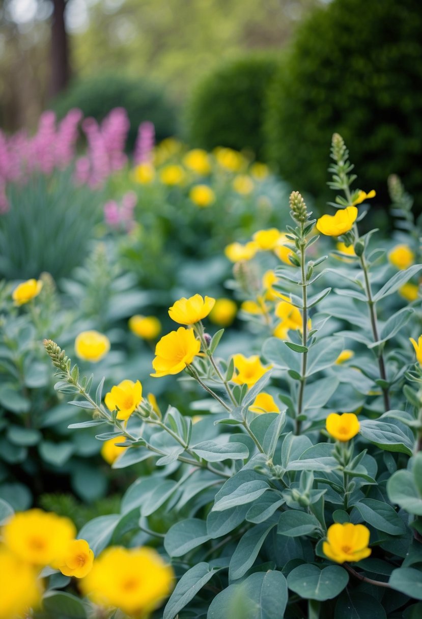 A serene garden with sage green foliage and pops of yellow flowers, evoking a fresh and vibrant spring atmosphere