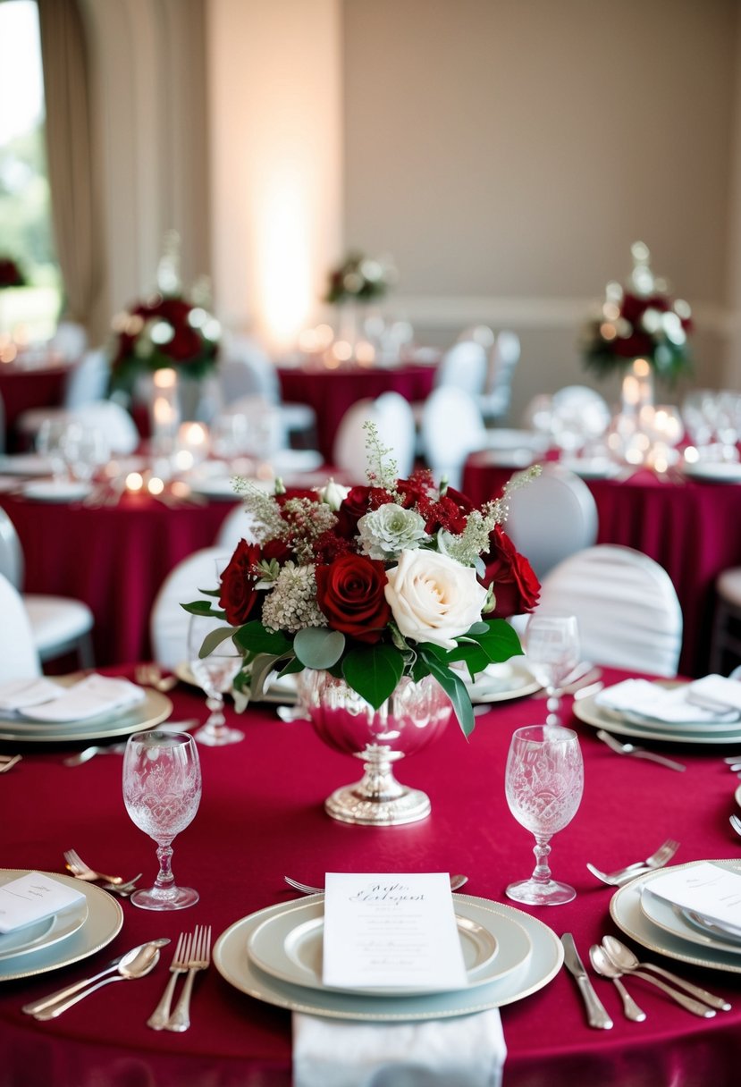 A ruby red and silver chic wedding table setting with elegant floral centerpieces and shimmering silver accents