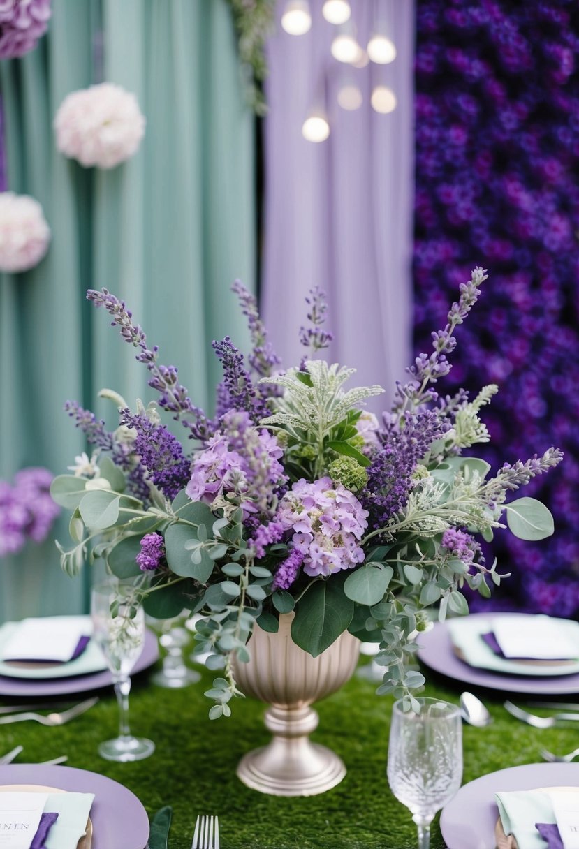 A table adorned with lavender and sage floral arrangements, set against a backdrop of violet and sage green wedding decor