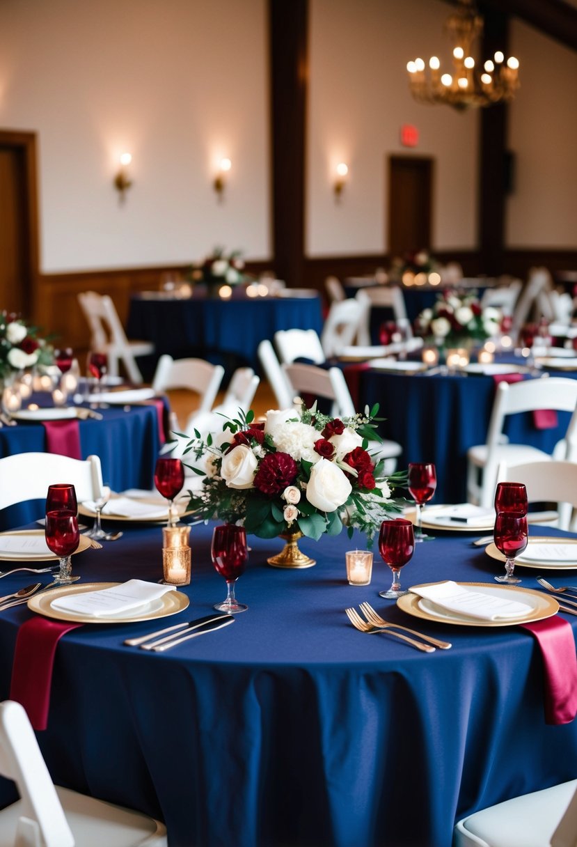 A wedding table set with deep cherry and navy decor, featuring classic red accents and elegant floral arrangements