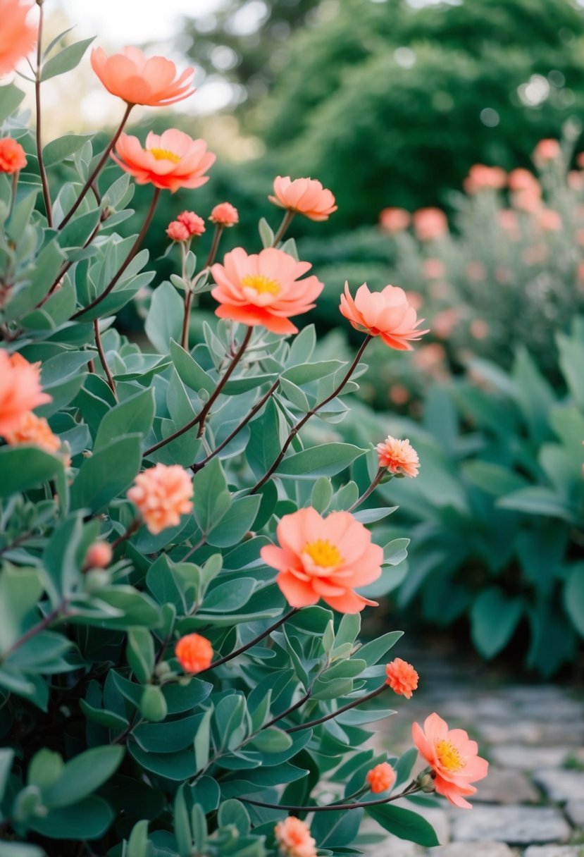 A serene garden with sage green foliage and pops of coral flowers