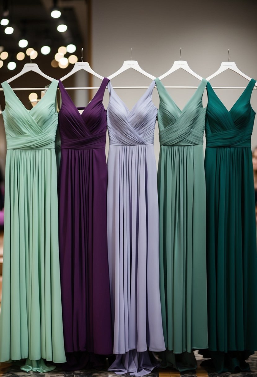 A group of bridesmaid dresses in varying shades of sage green and violet, arranged in a stylish and elegant display