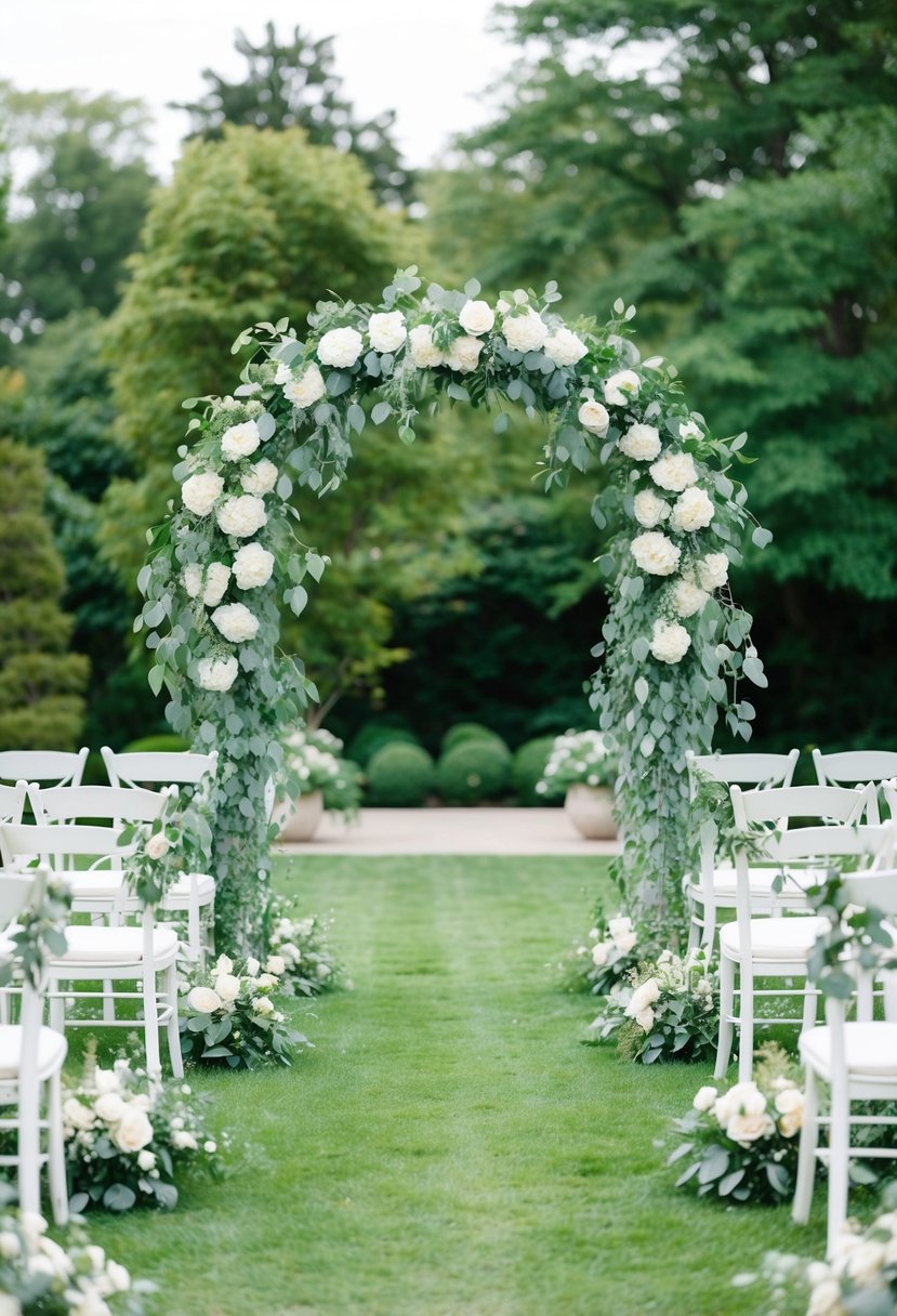 A serene garden wedding with sage green foliage and ivory flowers cascading down an elegant outdoor archway