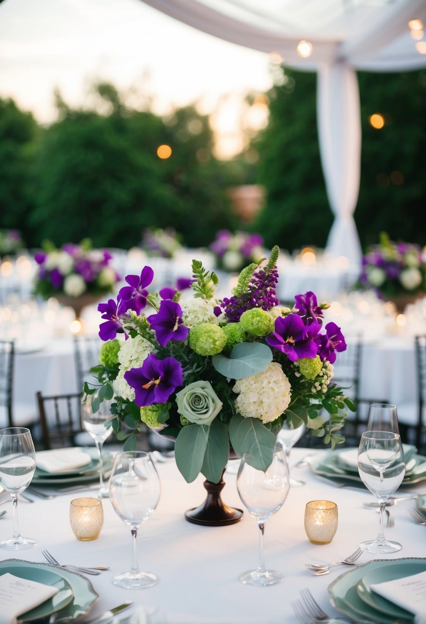 Violet and sage green flowers arranged in elegant table centerpieces for a wedding reception