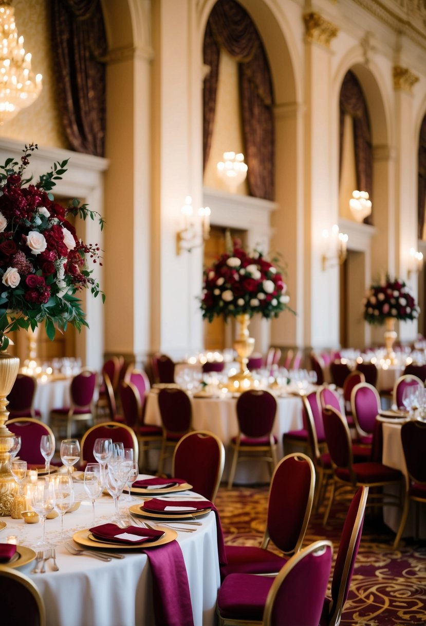 A grand banquet hall adorned in rich cranberry and gold decor, with opulent floral arrangements and luxurious table settings