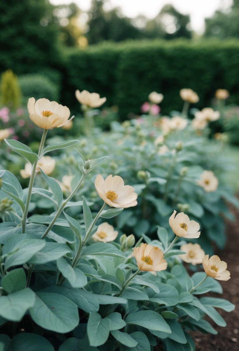 A serene garden with sage green foliage and champagne colored flowers