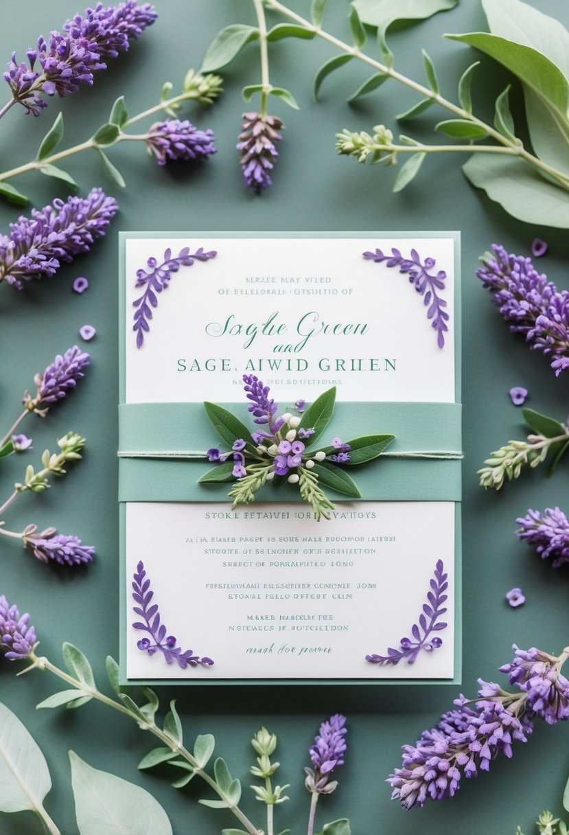 A sage green wedding invitation adorned with delicate violet accents, surrounded by fresh lavender sprigs and pale green foliage