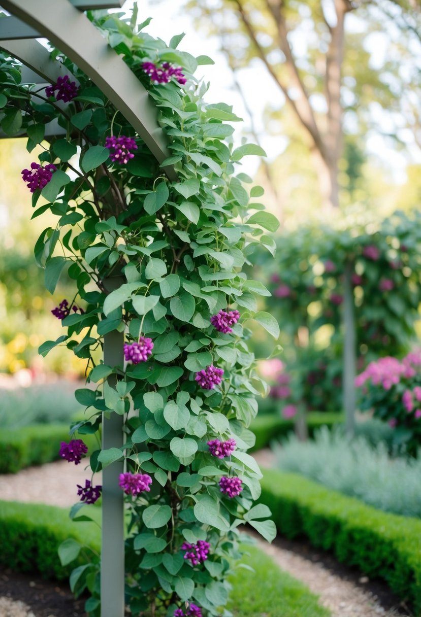 A serene garden with sage green foliage and plum flowers cascading from an arbor