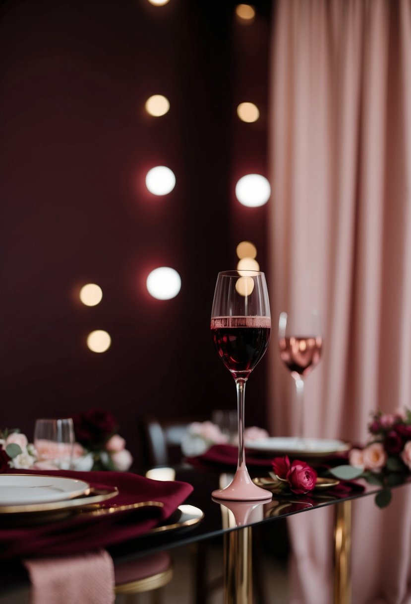 A dimly lit room with deep red wine and blush pink accents, evoking a romantic and elegant wedding color palette