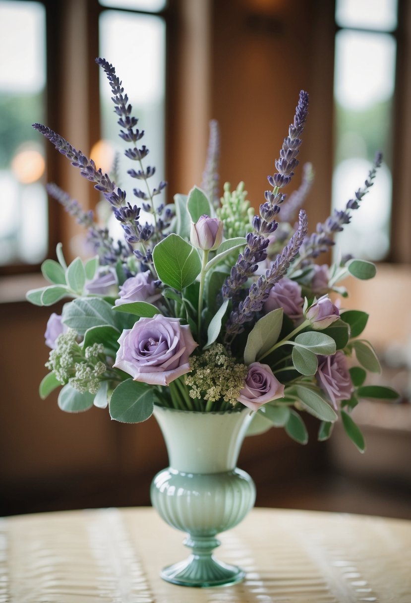 A beautiful lavender and sage green bouquet arranged in a delicate vase