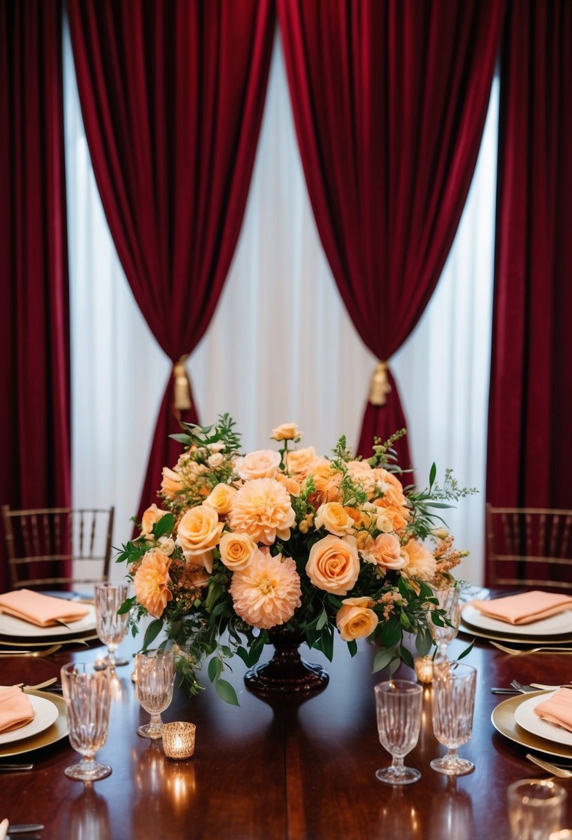 A rich mahogany table adorned with peach-hued flowers, set against a backdrop of deep red drapes, creating a harmonious wedding color palette