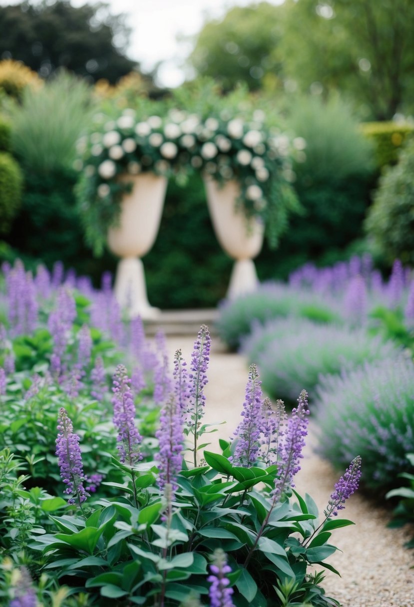 A serene garden with violet and sage green flowers and foliage, creating a peaceful backdrop for a wedding ceremony