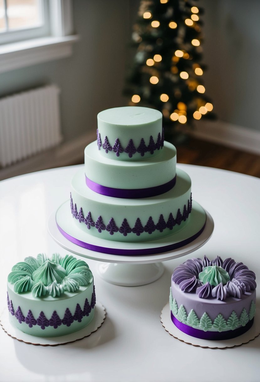 Sage green and violet cake decorations arranged on a white table