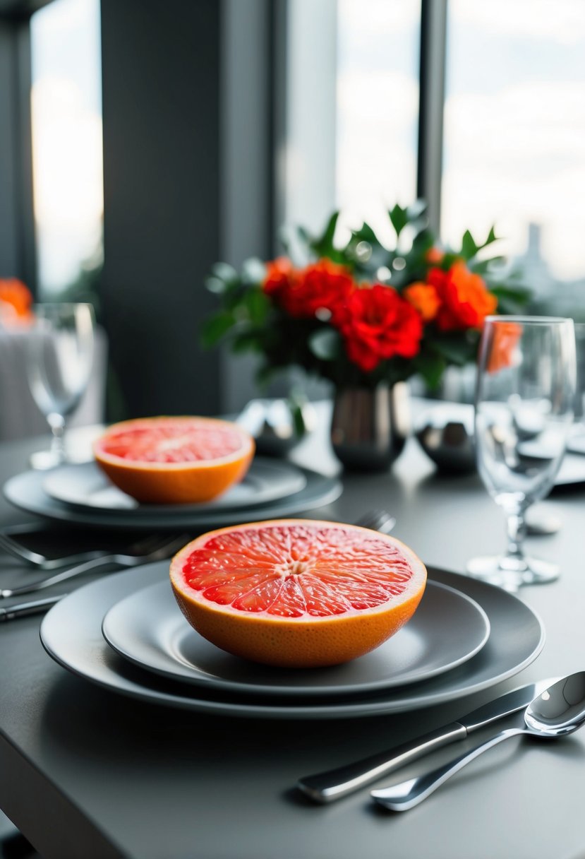 A sleek table setting with vibrant red grapefruit and steel gray accents