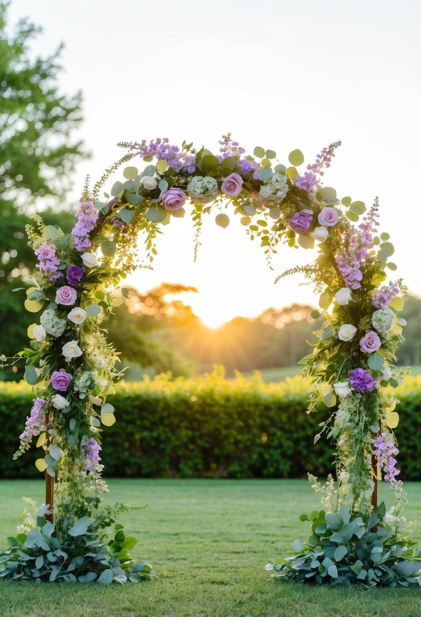 A wedding arch adorned with violet and sage green flowers, set against a backdrop of lush greenery and softly lit by the warm glow of the setting sun