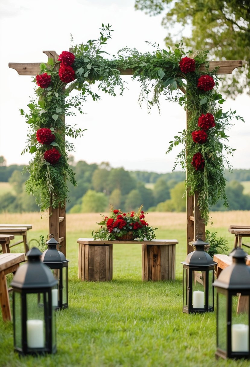 A rustic wedding scene with hunter green and red accents: a wooden arch adorned with greenery and red flowers, surrounded by vintage lanterns and wooden benches