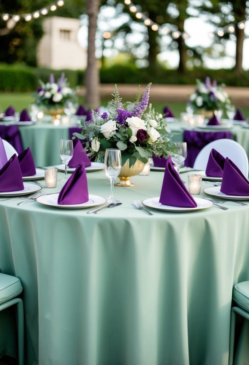 Sage green tablecloths with violet napkins arranged for a wedding reception