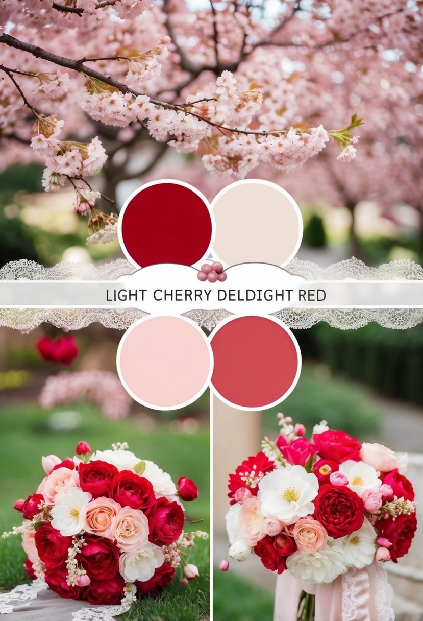 A light cherry pastel delight red wedding color palette displayed in a romantic garden setting with blooming cherry blossoms and delicate lace accents