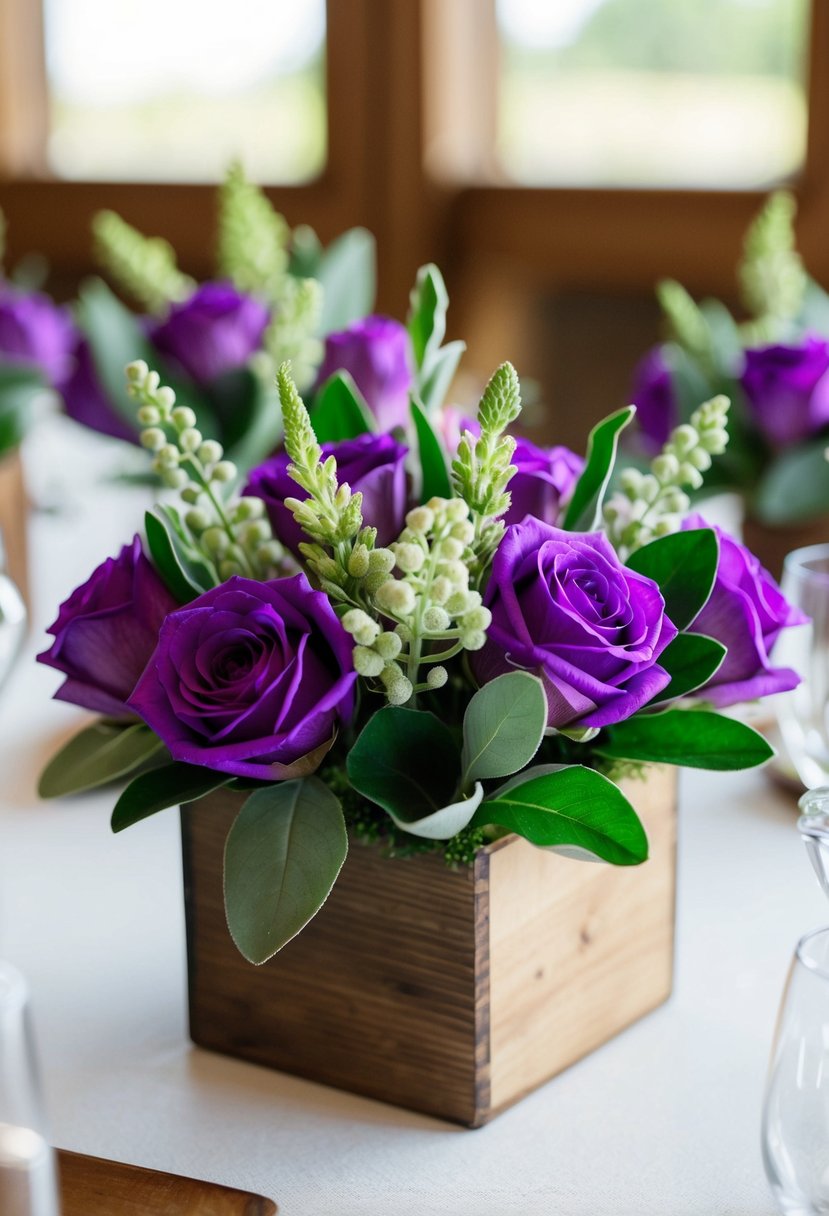 Violet boutonnières with sage green accents arranged in a rustic wooden box centerpiece