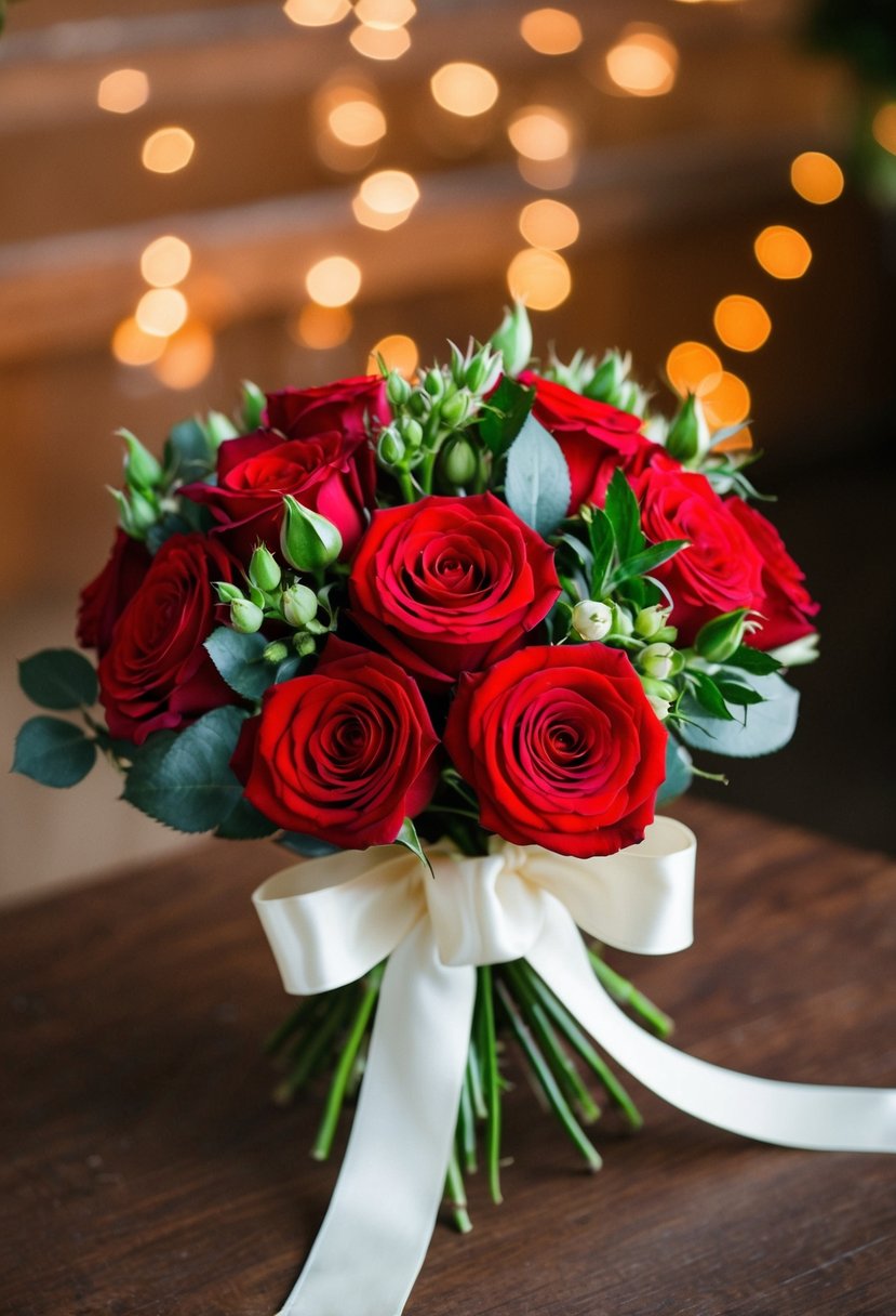 A vibrant red rose bouquet with ivory ribbon