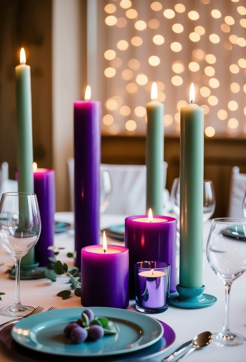 A table set with violet and sage green candle centerpieces for a wedding