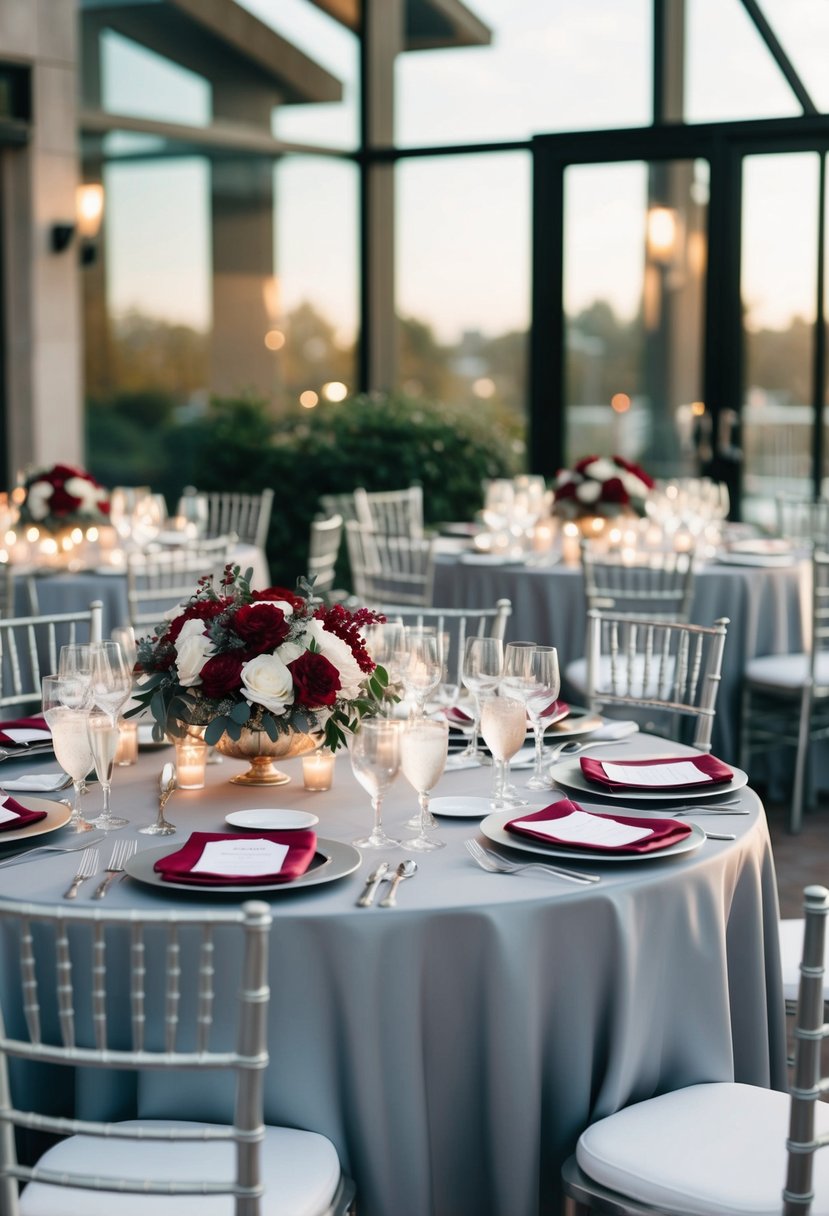 A luxurious wedding table set with platinum gray and ruby red accents, including linens, flowers, and tableware