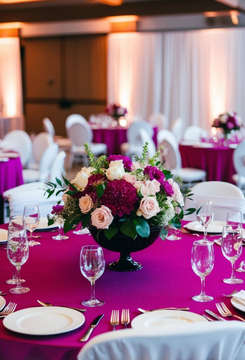 A magenta-themed wedding reception with floral centerpieces, table linens, and bridesmaid dresses