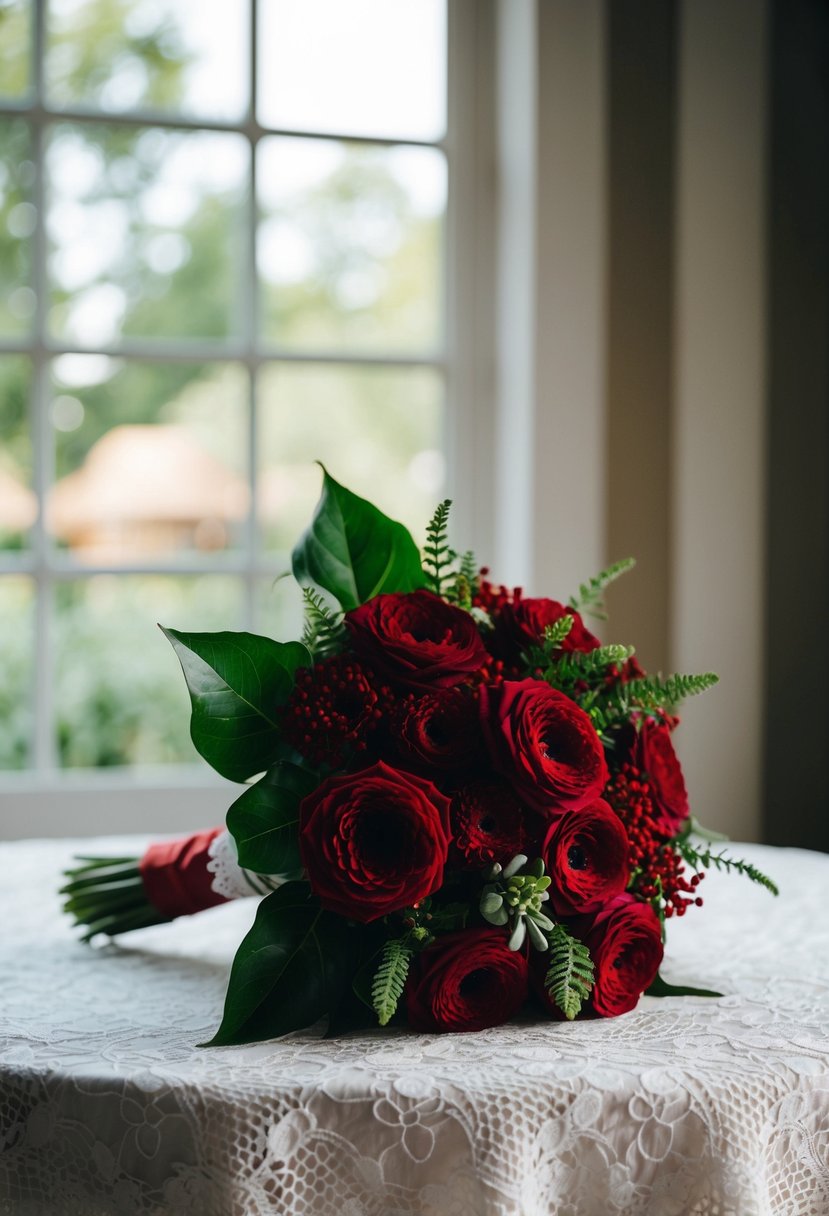 A chestnut and deep red bouquet against a white lace tablecloth