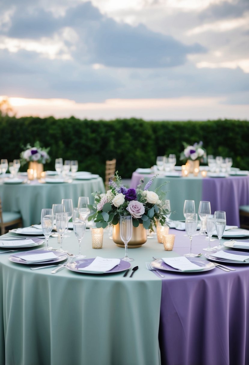 A reception table set with violet and sage green color scheme, featuring floral centerpieces and elegant tableware