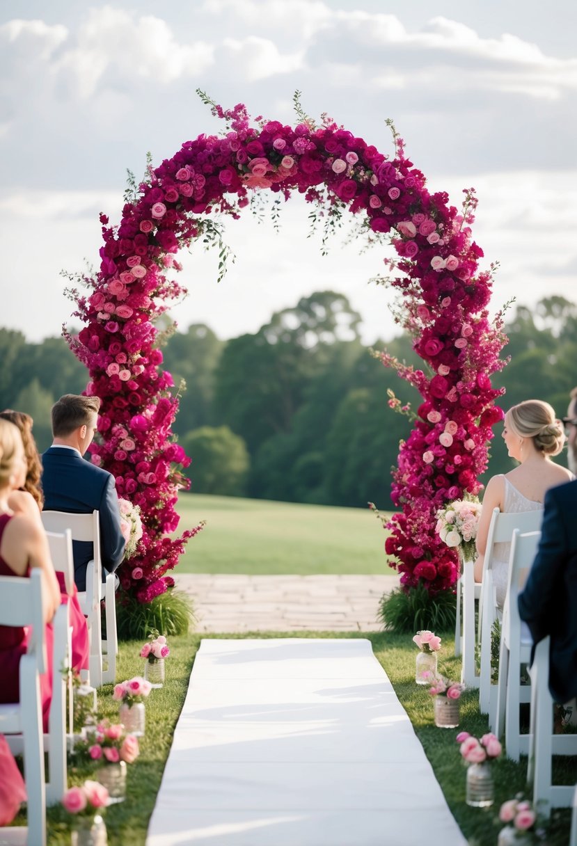 A magenta and blush floral archway frames a serene outdoor wedding ceremony