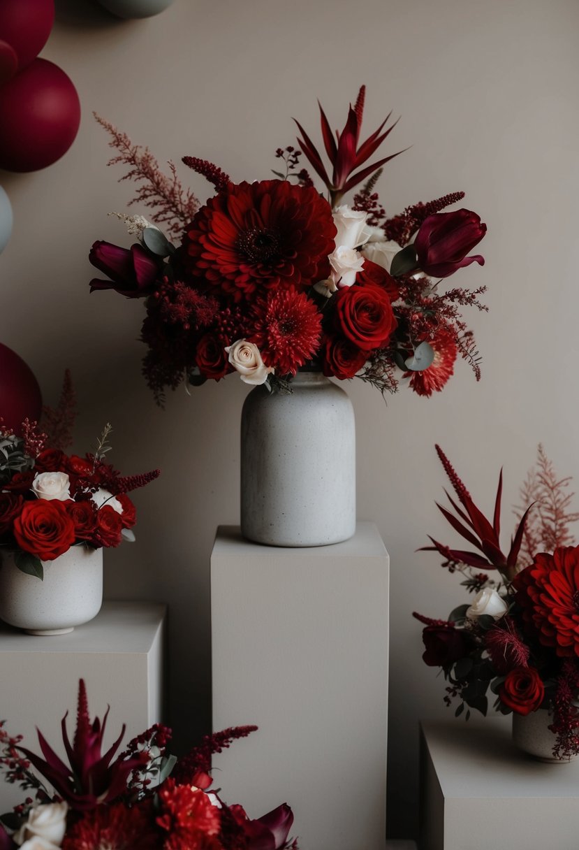 A bold crimson and greige wedding palette: deep red florals against neutral tones, with bold accents of crimson in the decor