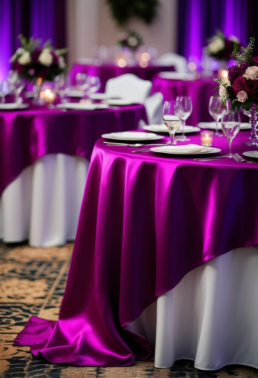 Magenta violet satin tablecloths drape over tables, creating a luxurious and elegant atmosphere for a magenta-themed wedding