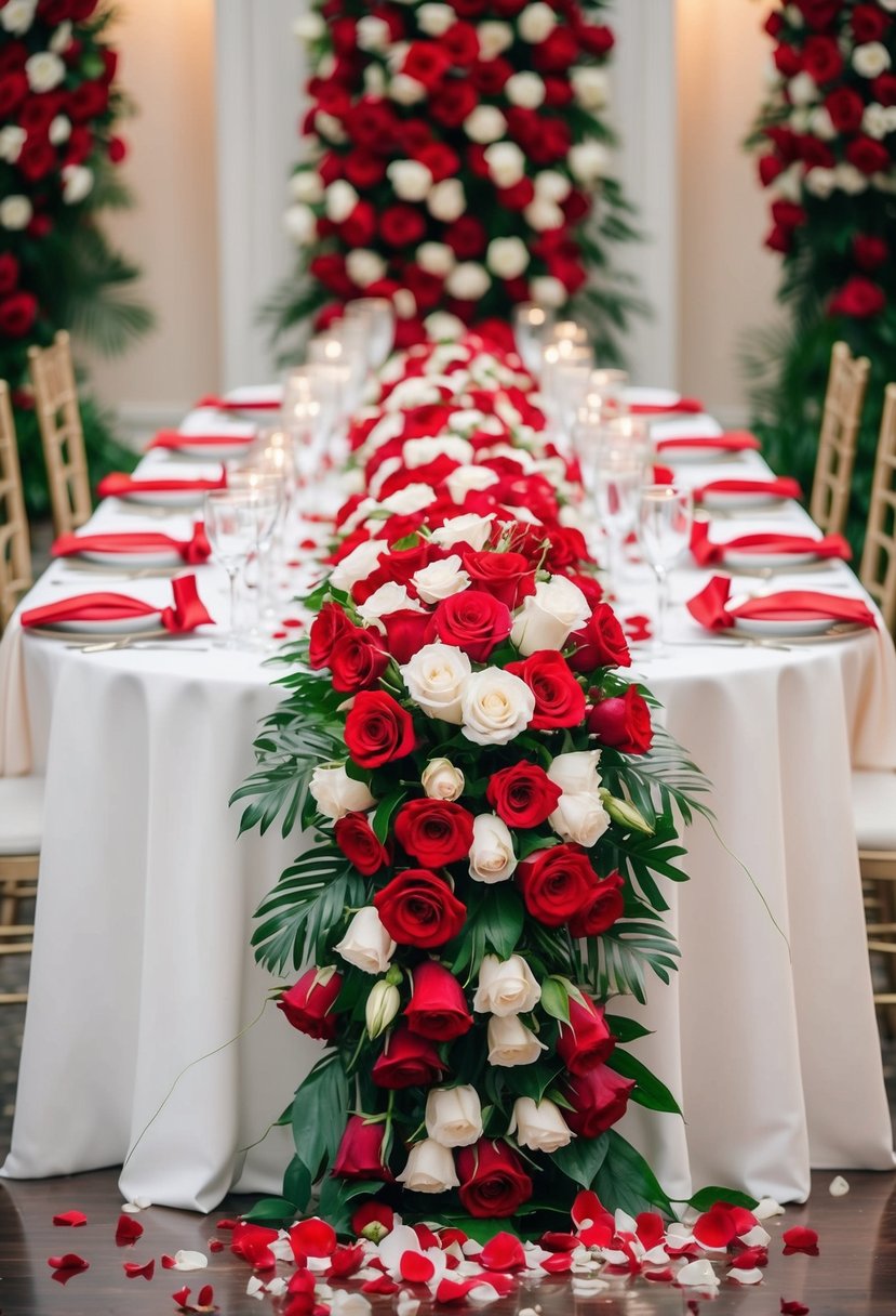 A vibrant red and white floral arrangement cascading down a pristine wedding table, with scattered rose petals and elegant place settings